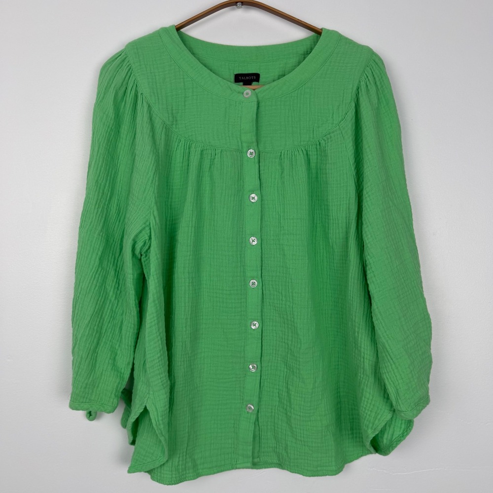 Talbots Green Double Airy Gauze Cotton Button Front Blouse Tie Sleeve Size M